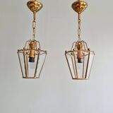 Pair of brass and bevelled glass pendant lights/lanterns, 1950-60.