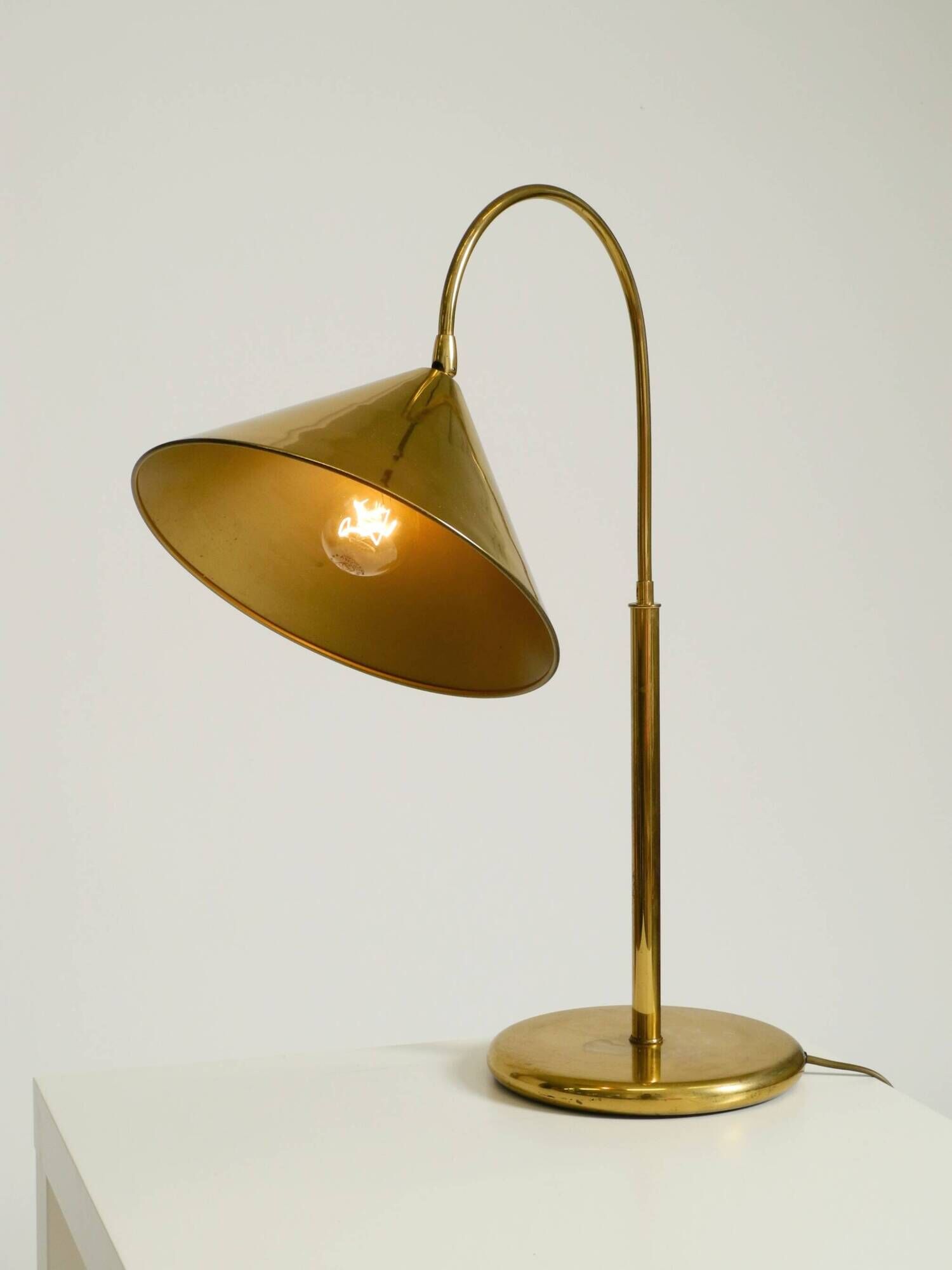 Large original brass table lamp with a conical shade, Mid-Century Modern