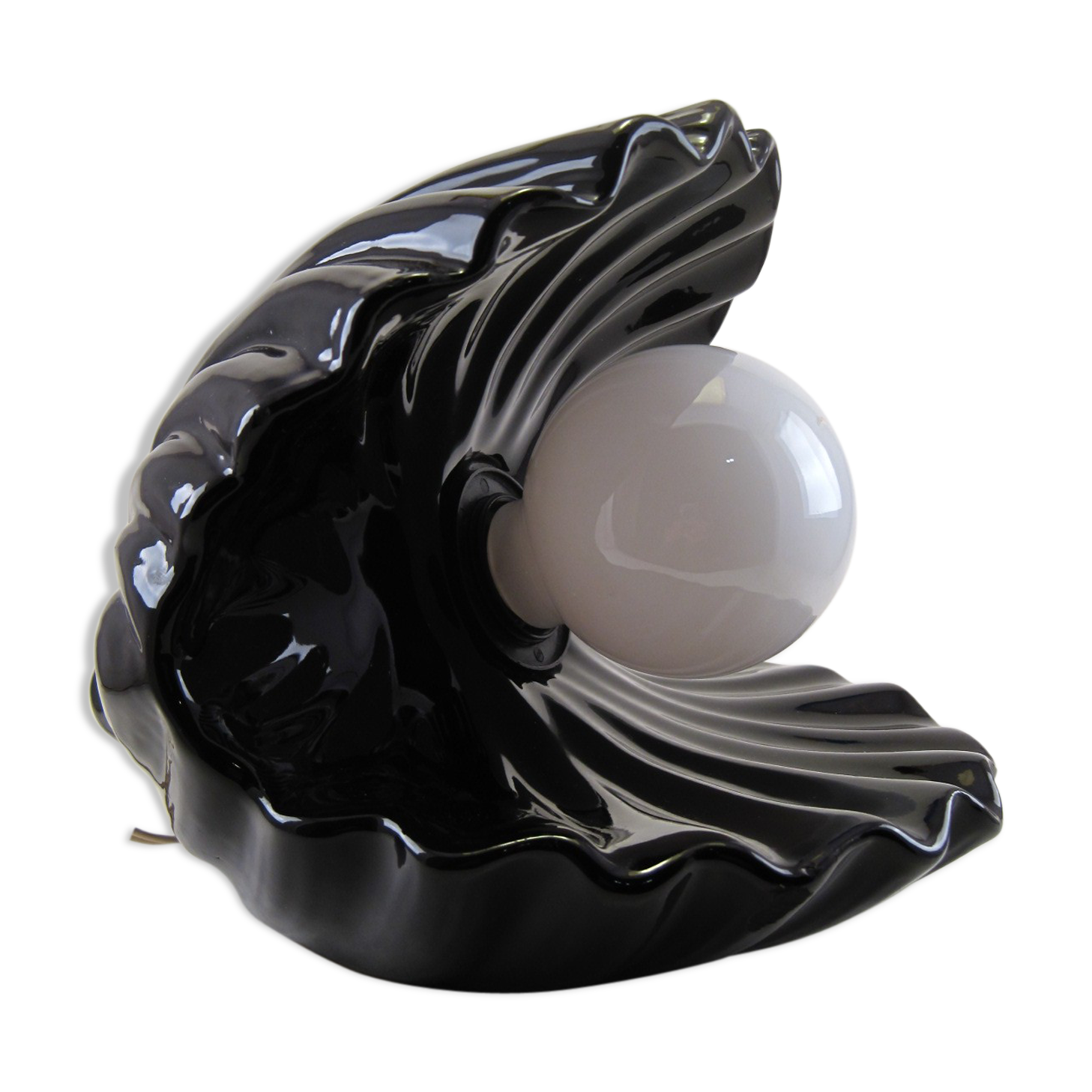 Vintage shell table lamp in black enamel ceramics design seventies 1970