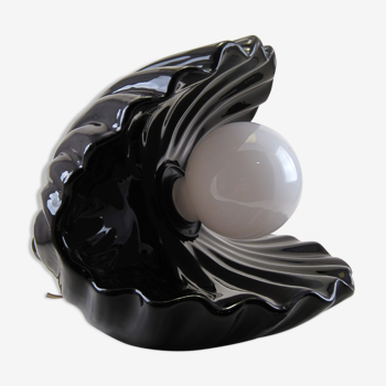 Vintage shell table lamp in black enamel ceramics design seventies 1970