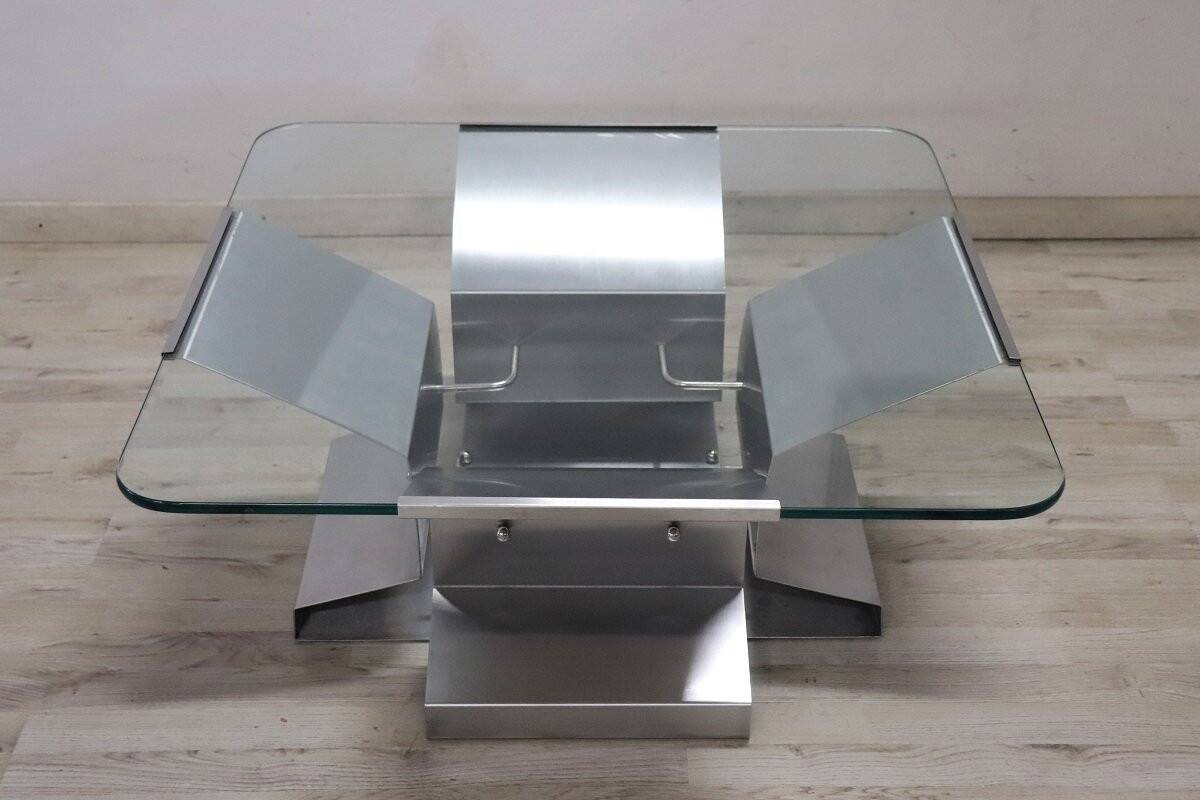 Square Coffee Table In Steel And Glass, Italy 1970s