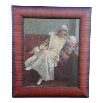 Peinture ancienne art déco femme assise huile sur toile Louis Demailly