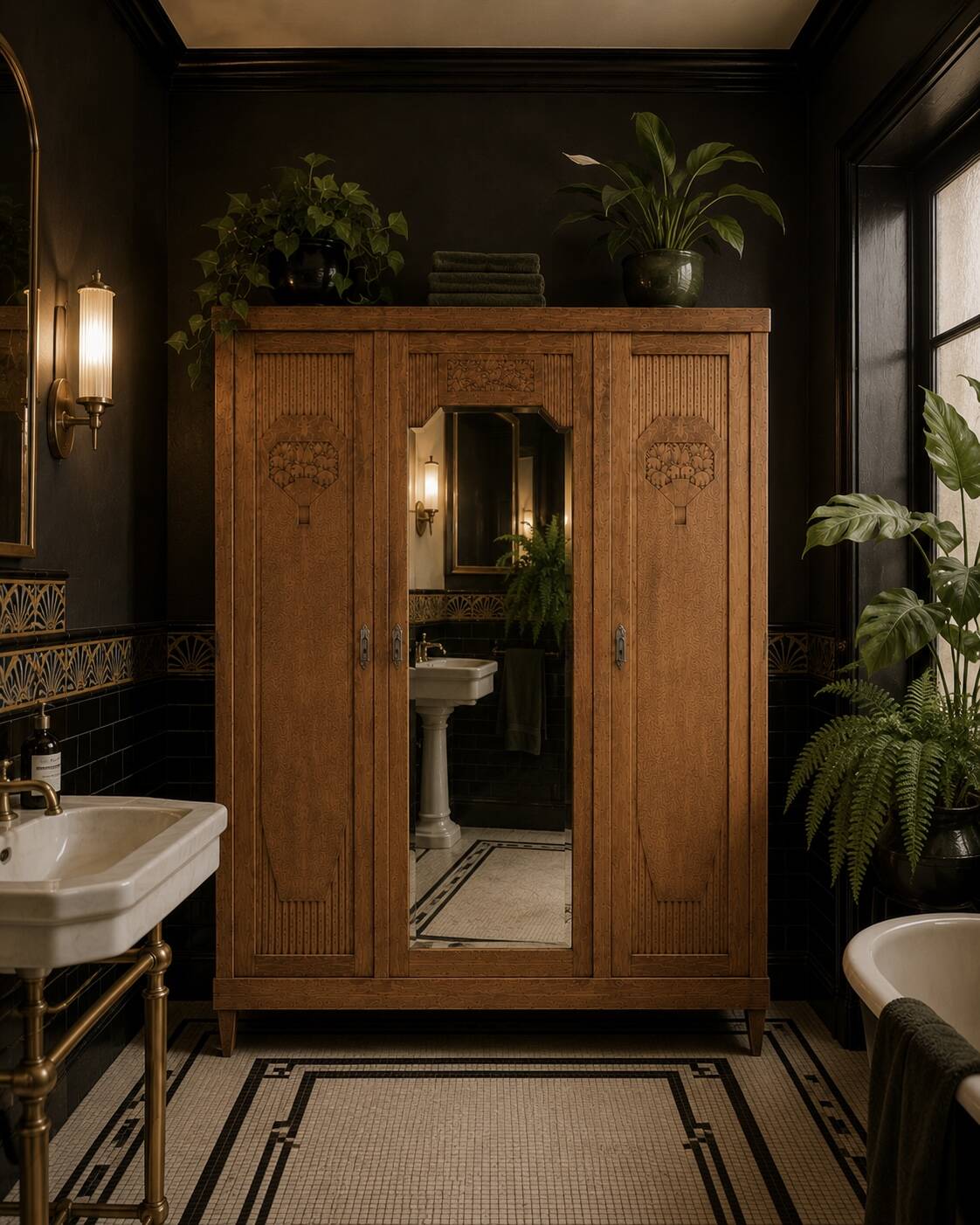 Art deco wardrobe in raw oak with bevelled mirror.