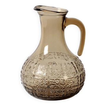 Italian Smoked Glass Jug / Embossed Floral Brown Pitcher / Mid-century Jug
