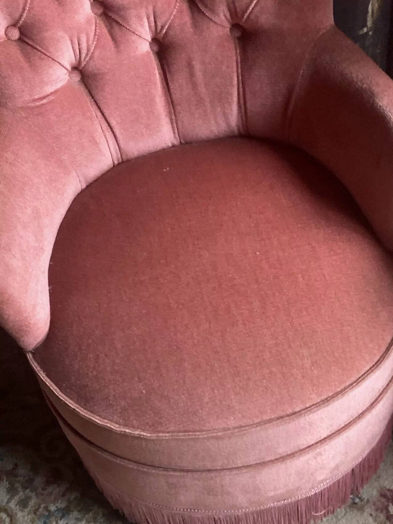 Pair of small vintage upholstered toadstool armchairs in old rose velvet – 1960s
