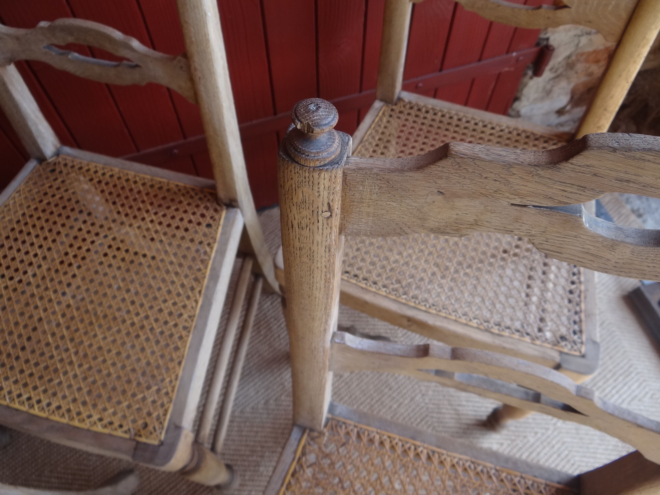 Suite of oak chairs; canated seats