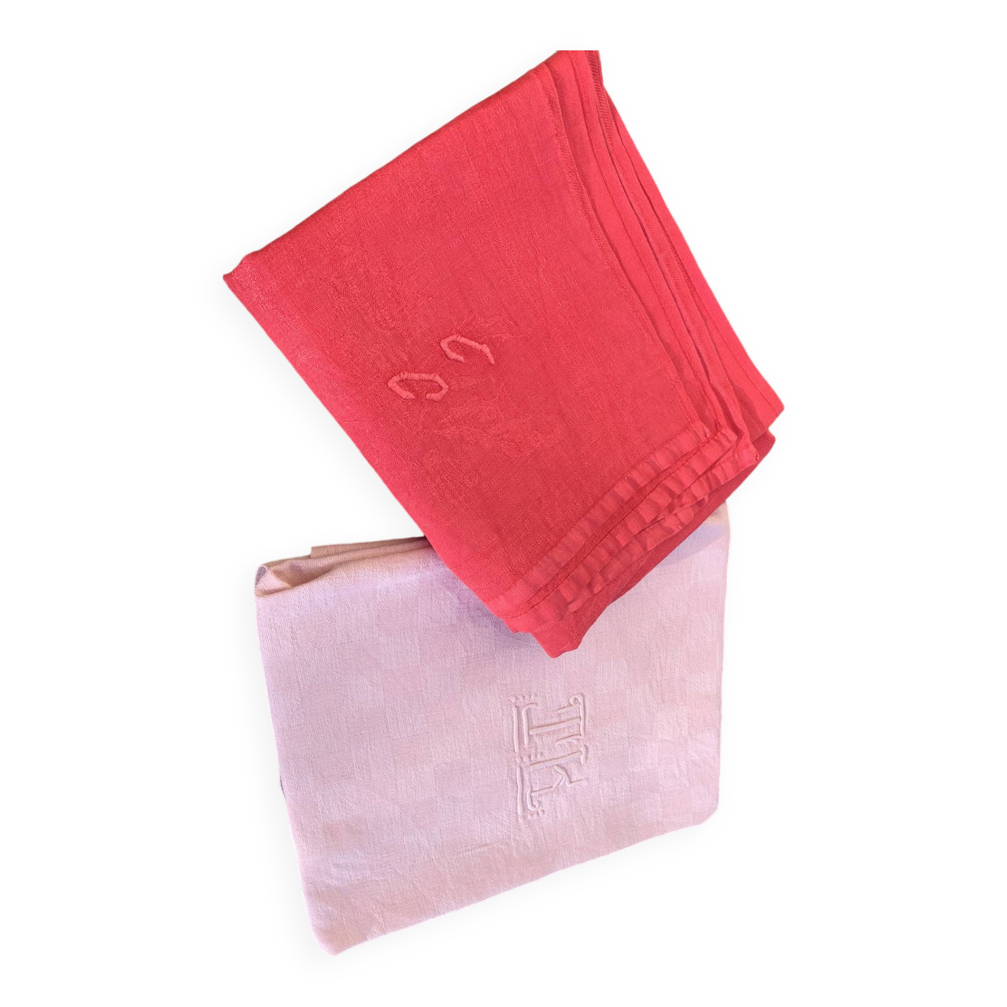 Duo set, consisting of two large pink-dyed cotton and linen towels, embroidered, TK monograms
