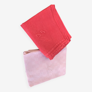 Duo set, consisting of two large pink-dyed cotton and linen towels, embroidered, TK monograms