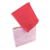 Lot duo, compose de deux grandes serviettes en coton et lin teintées rose, brodées, monogrammes TK
