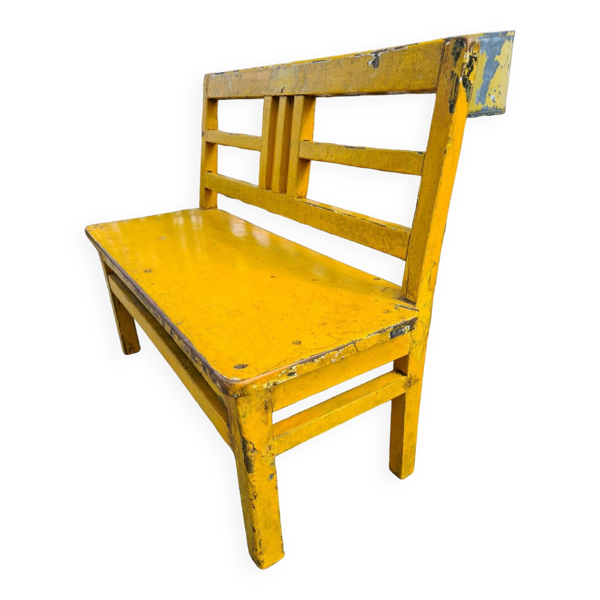 Banc d'écolier en bois jaune, années 60