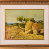 Post impressionist landscape with haystacks