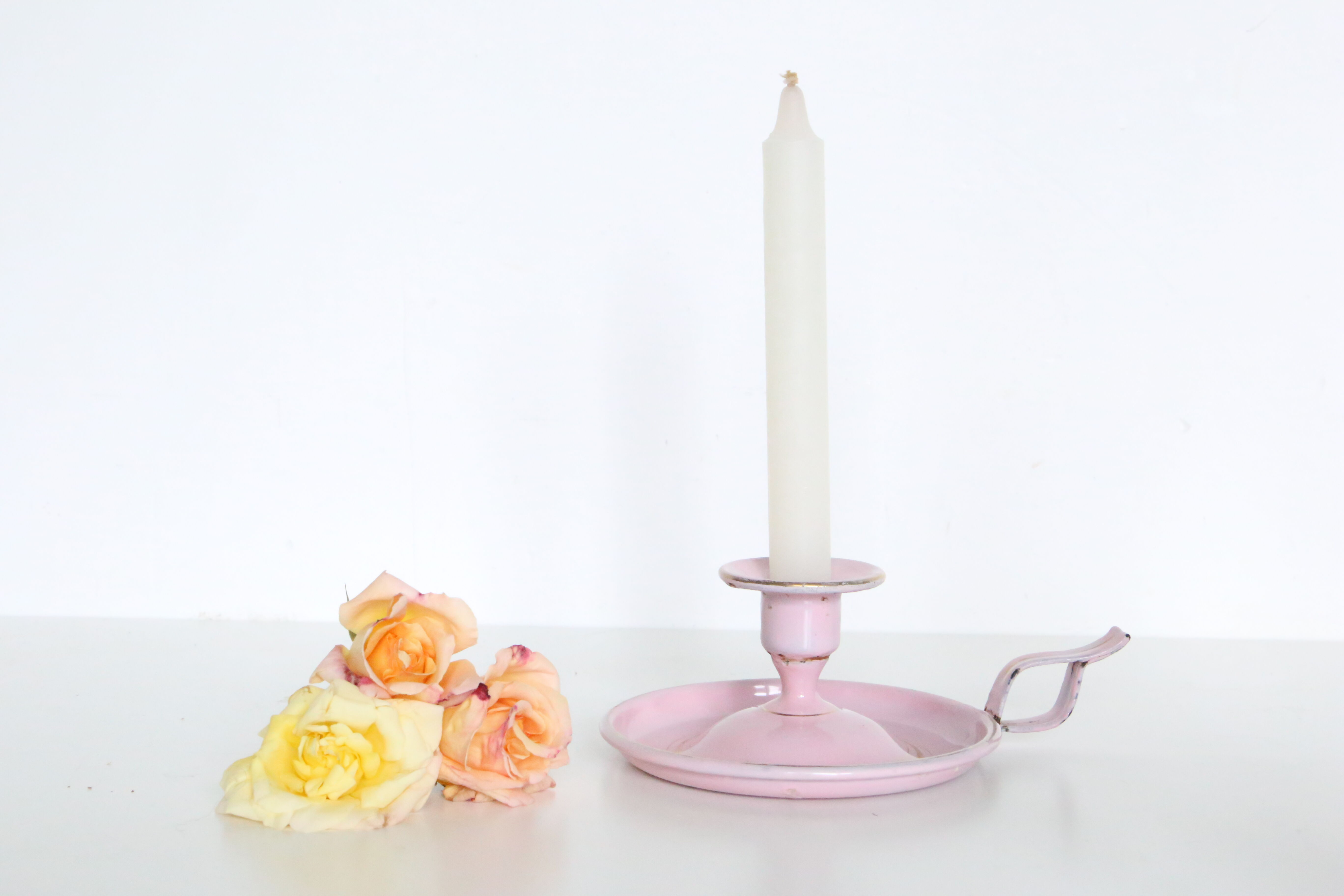 Pink cellar rat candleholder, enamelled metal, vintage