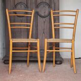 Pair of wooden chairs with vintage rope seats, vintage rope chairs