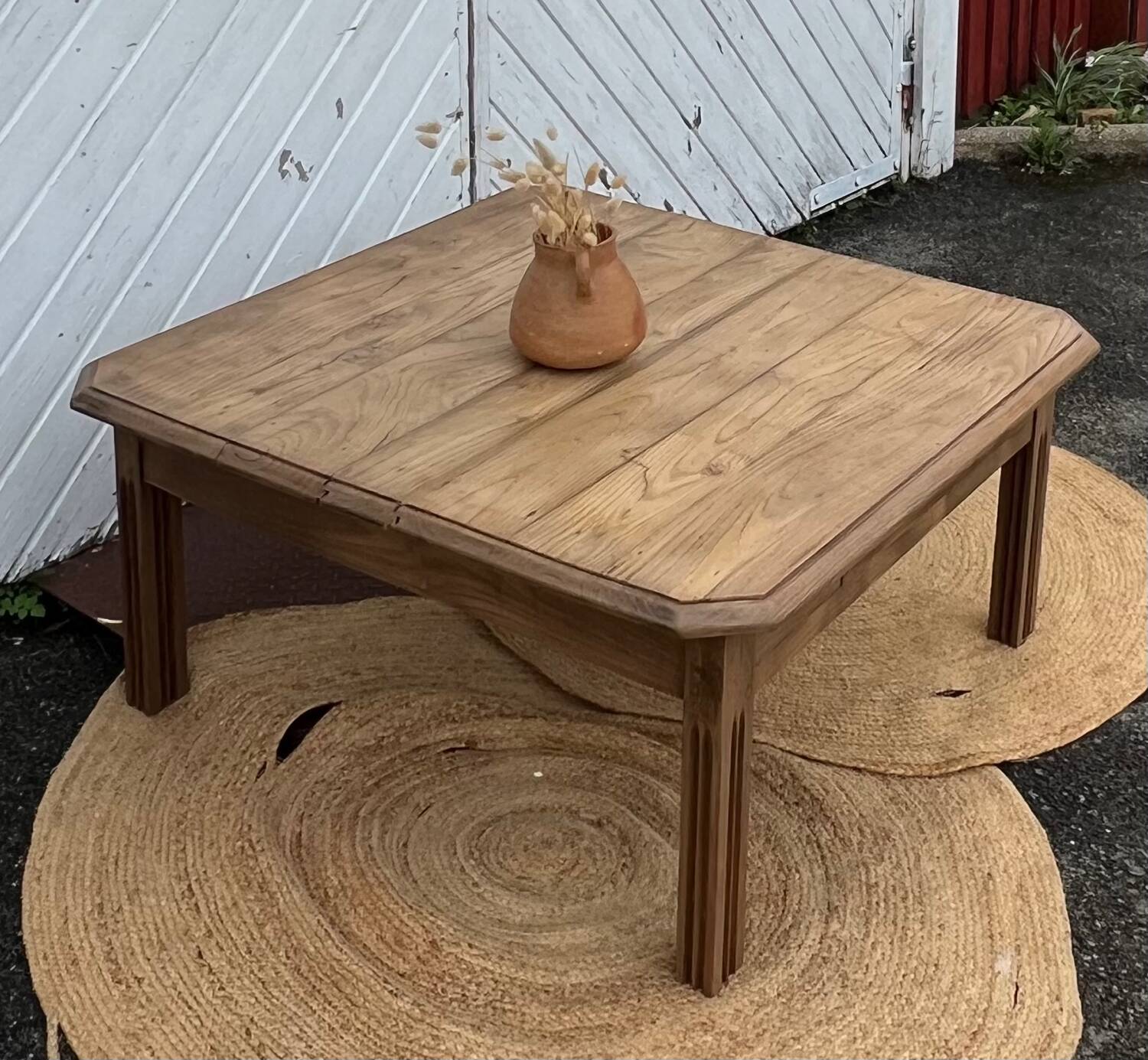 Large antique square coffee table with 1 drawer in solid raw wood