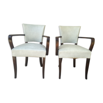 Pair of armchairs in white skai, art deco style bridge