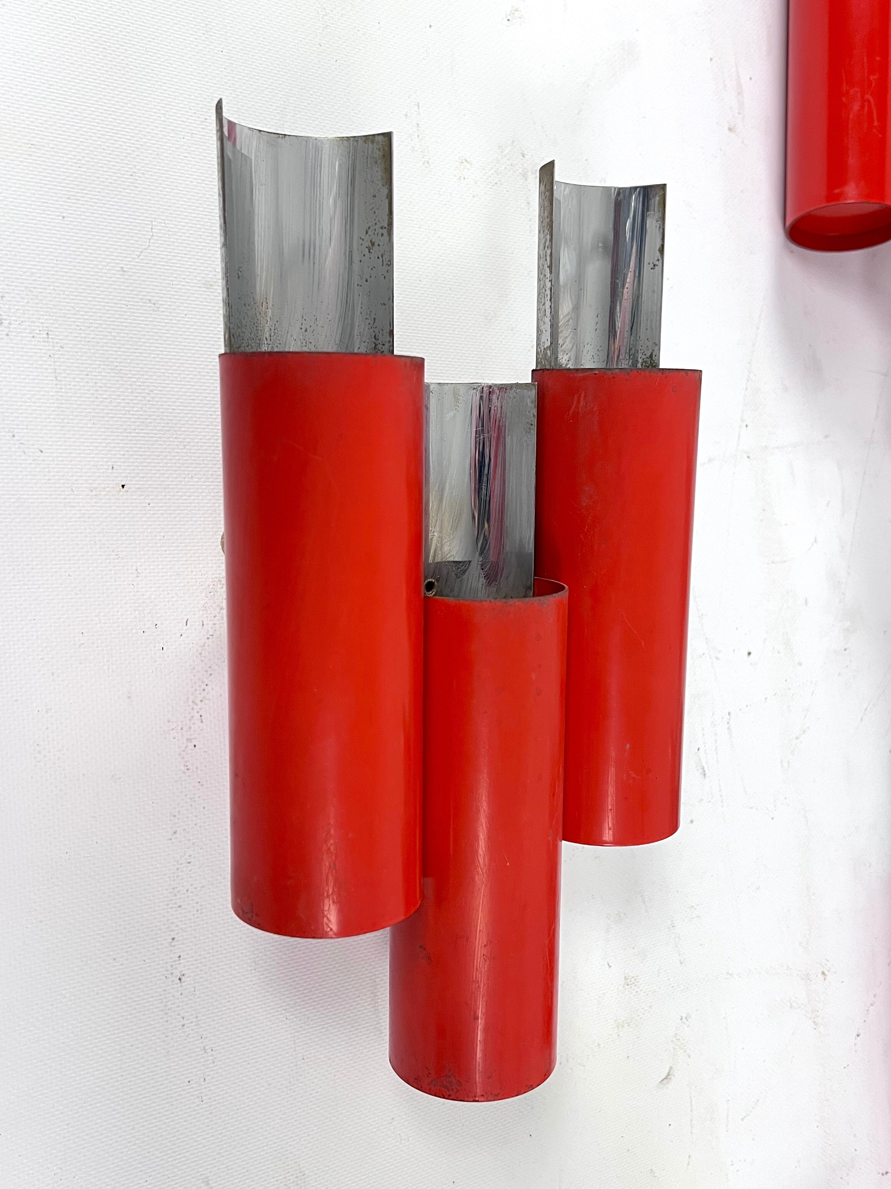 Set of 10 mid-century red and chrome wall lamps by Stilnovo, Italy 1970s