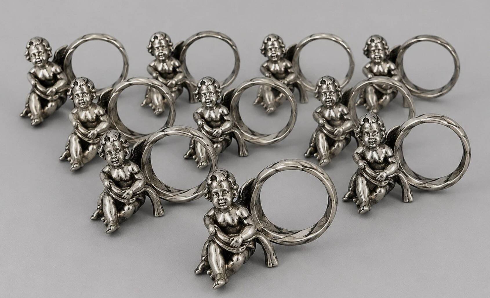 Set of 10 Silver-Plated Cherub Napkin Rings, Vintage Table Décor Putti Figurine