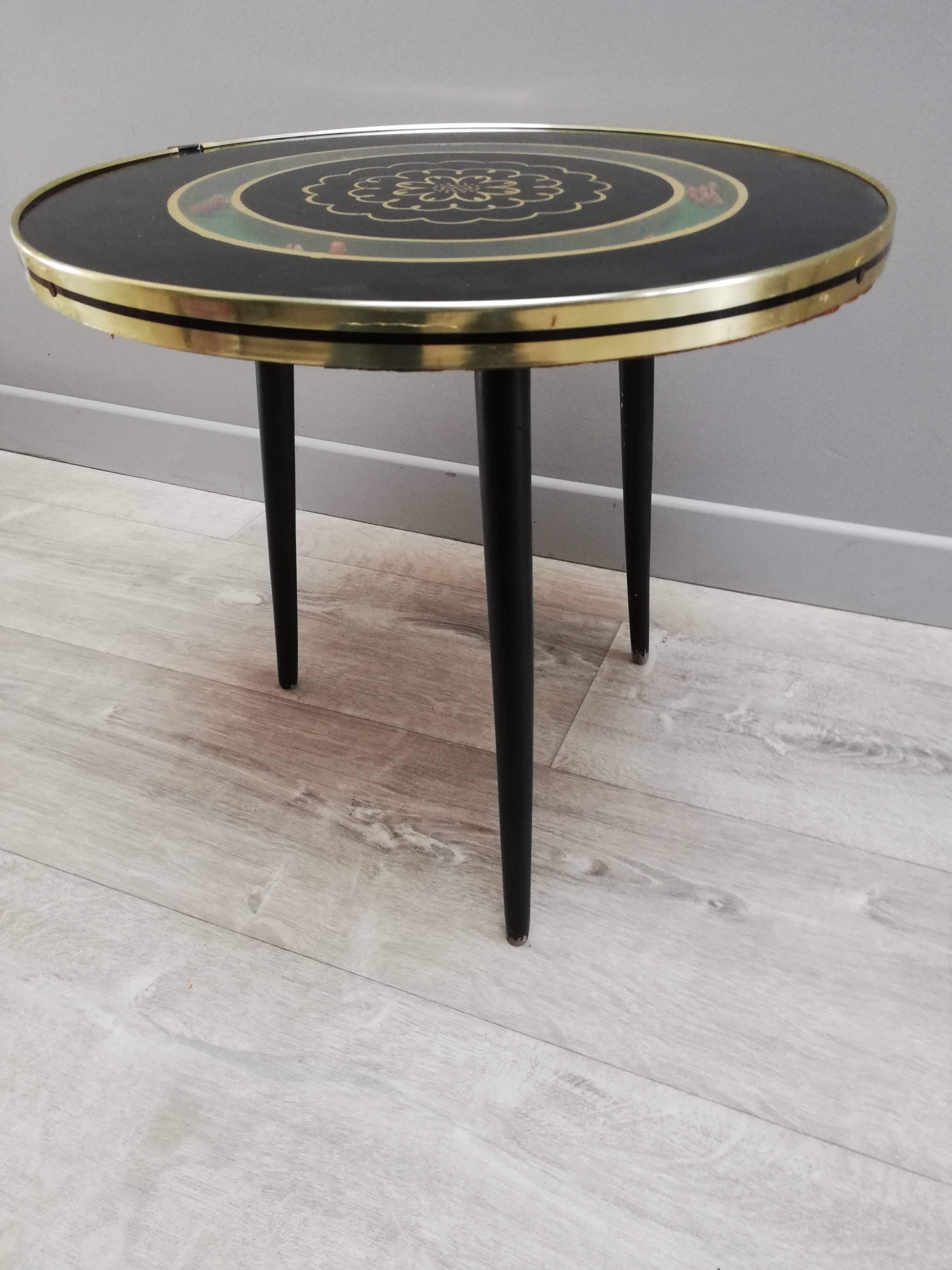 Table d'appoint tripode pieds compas avec plateau et vitrine en verre, vintage
