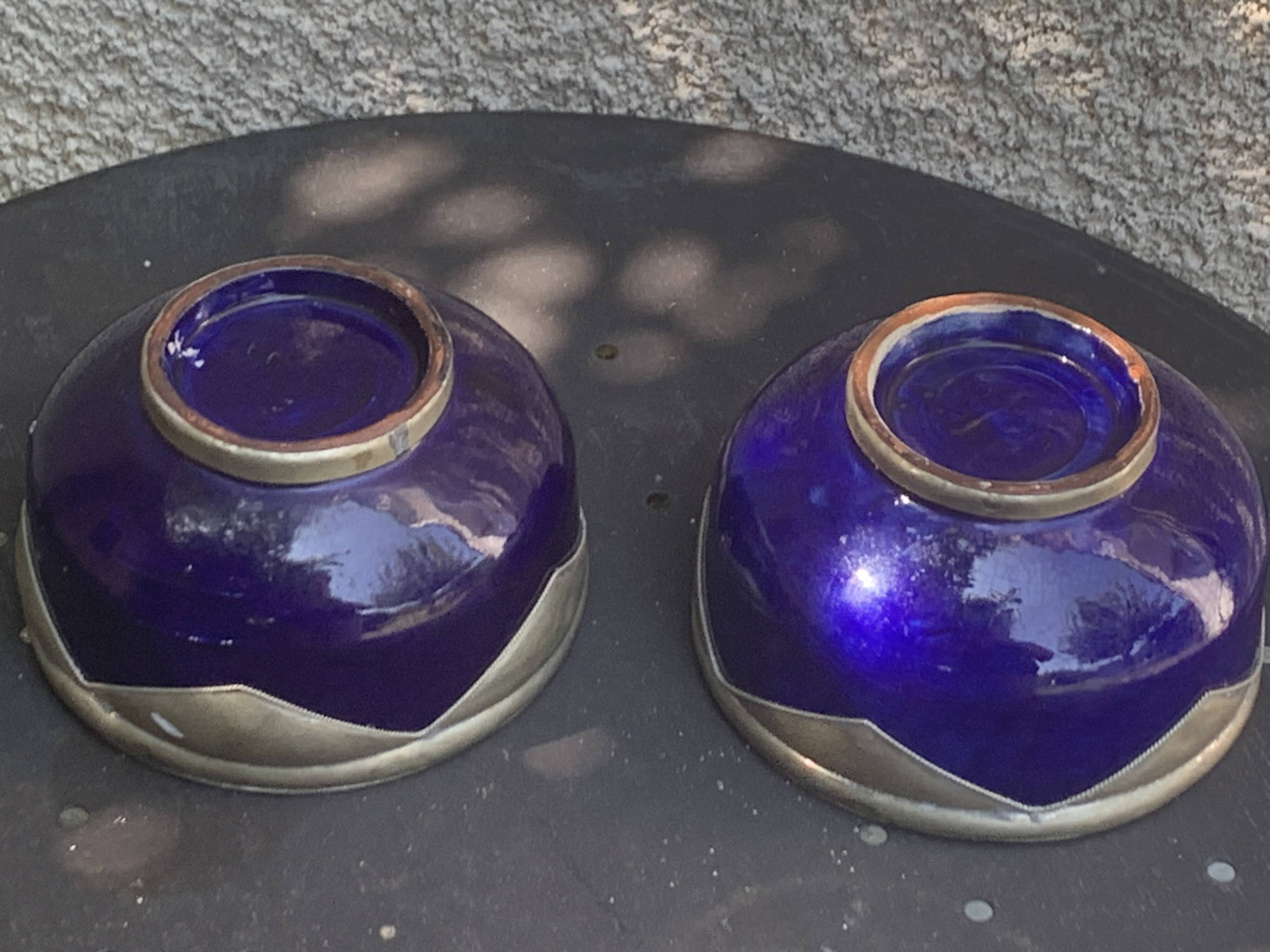 Two blue glazed ceramic and tin bowls, handmade, vintage oriental