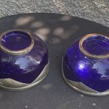 Two blue glazed ceramic and tin bowls, handmade, vintage oriental