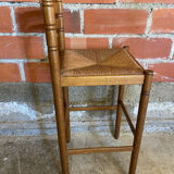 Tabouret de bar haut ancien bois tourné + assise paillée vintage