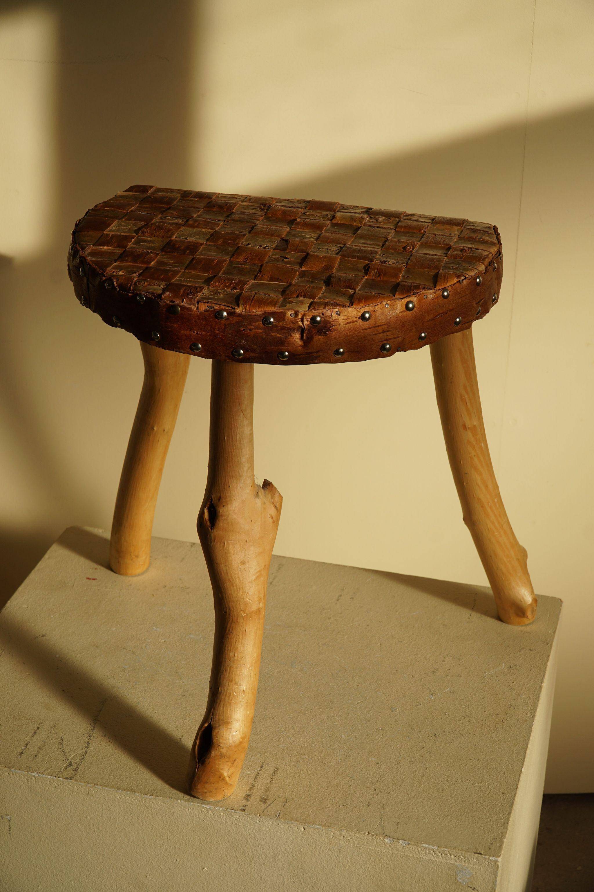 Modern Danish handmade organic wood tripod stool Wabi Sabi, 1960s