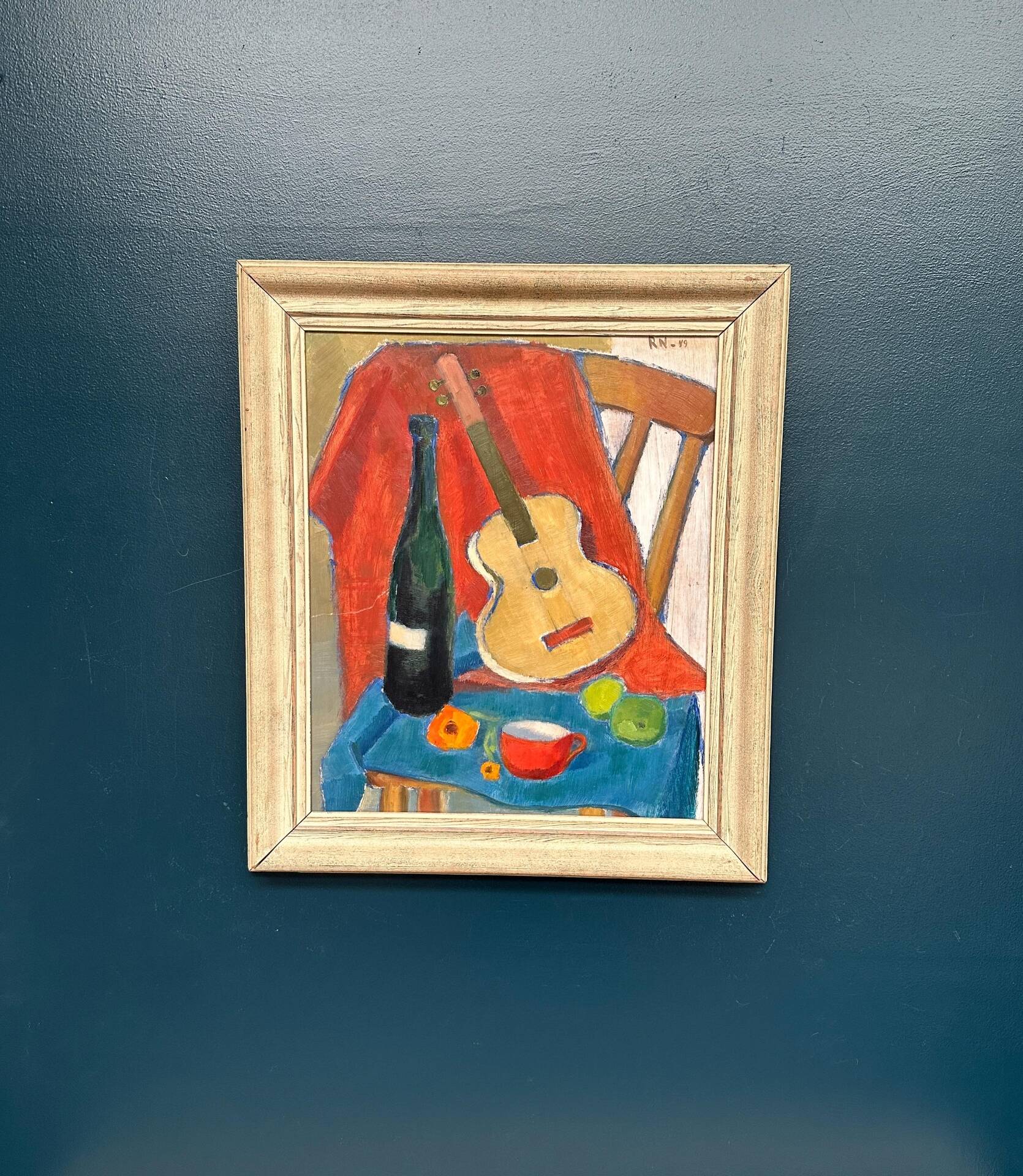 Swedish Oil on Canvas – “Still Life with Guitar and Wine Bottle”