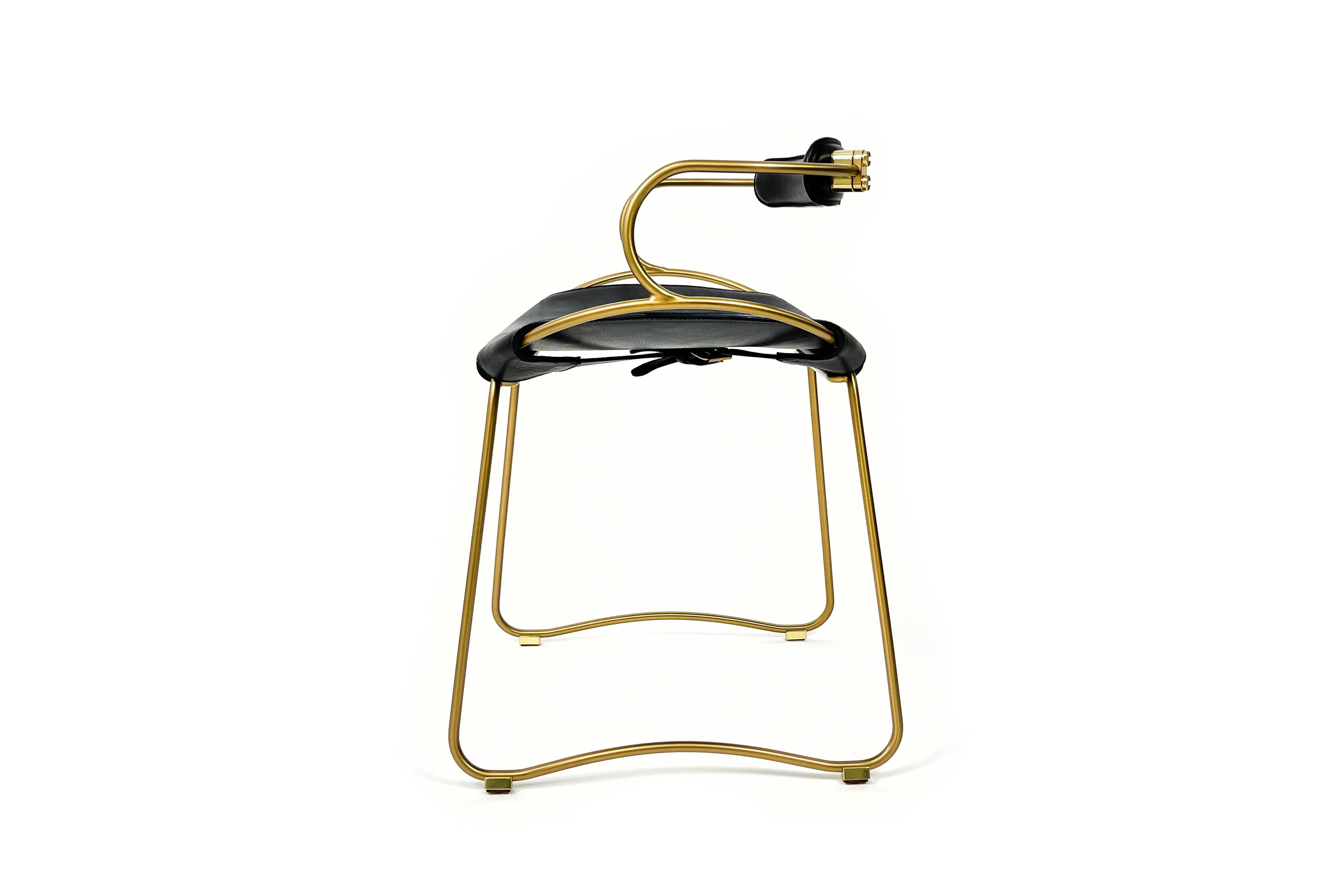 Contemporary Bar Stool with Backrest in Aged Brass Metal and Organic Black Leather