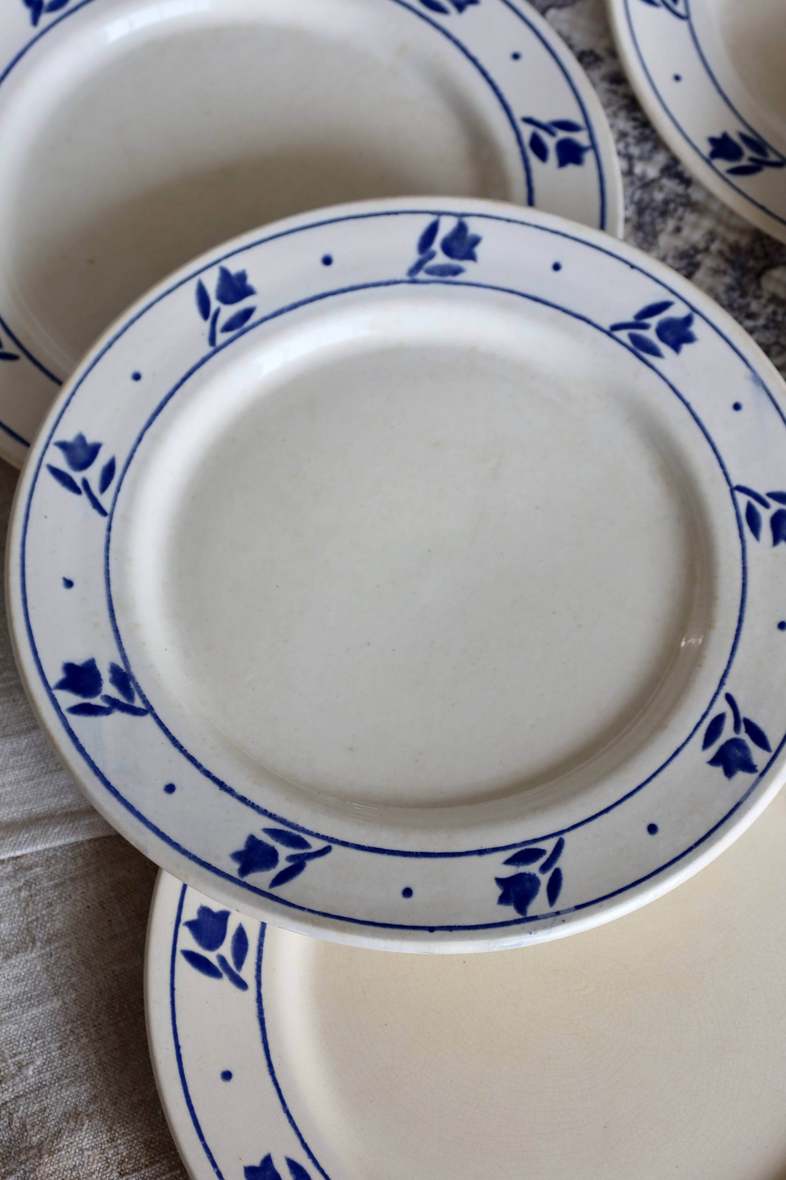 6 antique earthenware dinner plates - Blue tulip decor