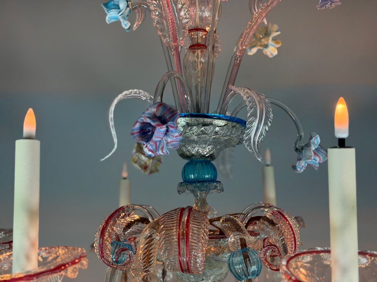 Venetian Rezzonico chandelier in multicoloured Venetian glass circa 1900