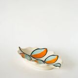 Ceramic catchall, leaf shape, orange and blue, psychedelic, 1970.