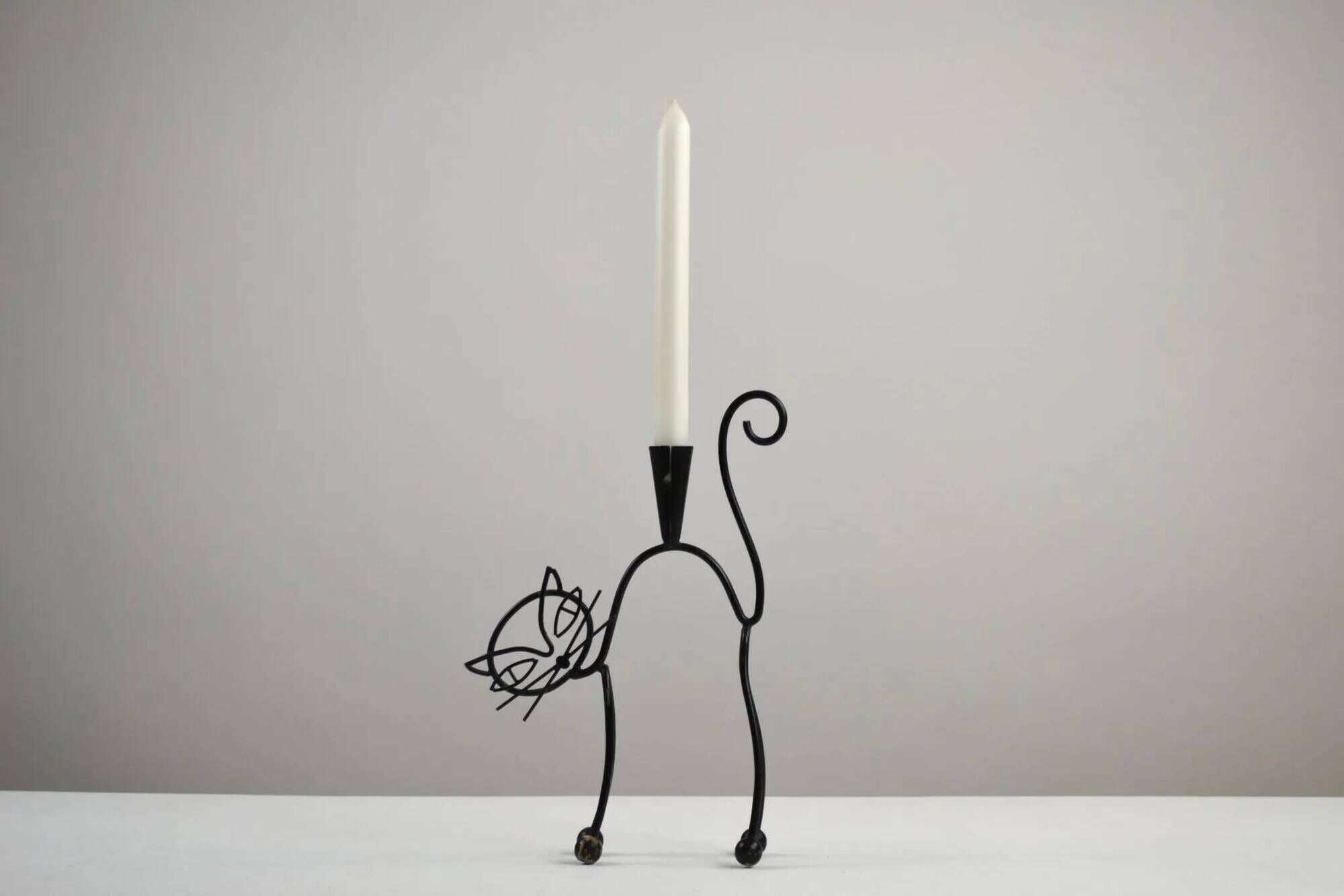 Black Painted Metal Cat Candle Holder by Gunnar Ander for Ystad-Metall, Sweden, 1950s–60s