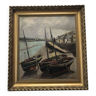 Marine huile panneau 1946 marcel hue, barques pêcheur le conquet finistère