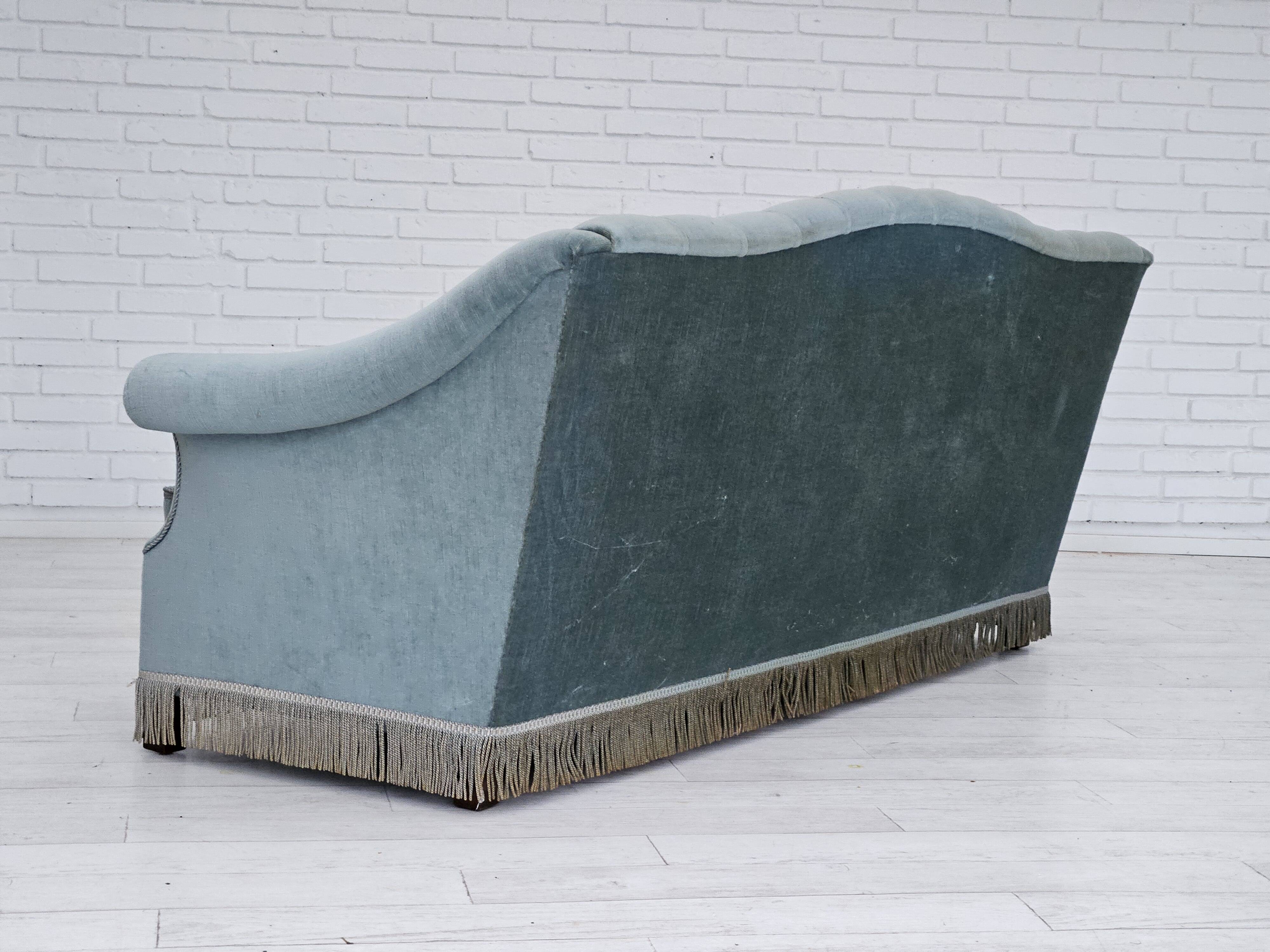1960s, Danish 3 seater sofa, light blue velour, original good condition.