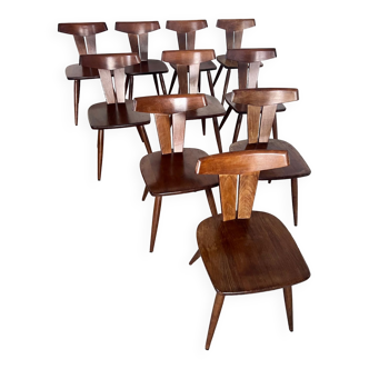 Lot 11 vintage brutalist style wooden bistro/farmhouse chairs from the 60s