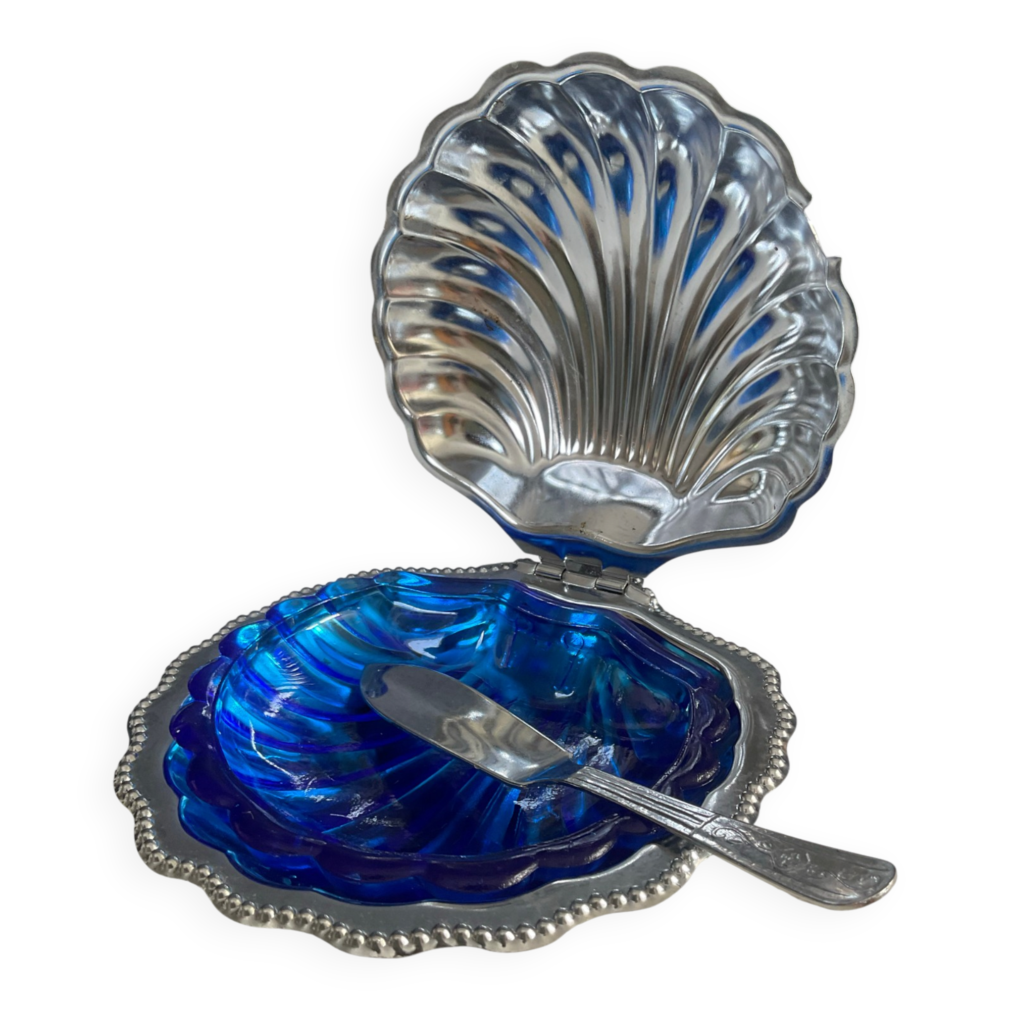Vintage shell butter dish in stainless steel and blue glass