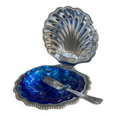 Beurrier coquillage vintage en inox et verre bleu