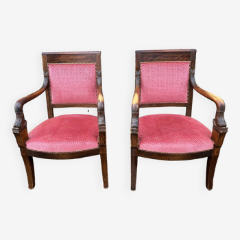 Pair of Empire armchairs, Consulate, walnut and velvet, 19th century.