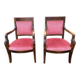 Pair of Empire armchairs, Consulate, walnut and velvet, 19th century.