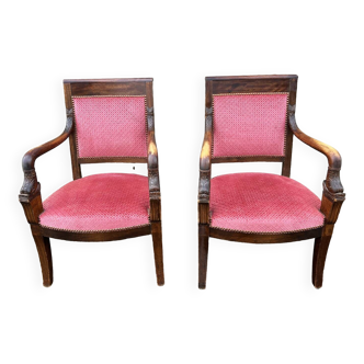 Pair of Empire armchairs, Consulate, walnut and velvet, 19th century.