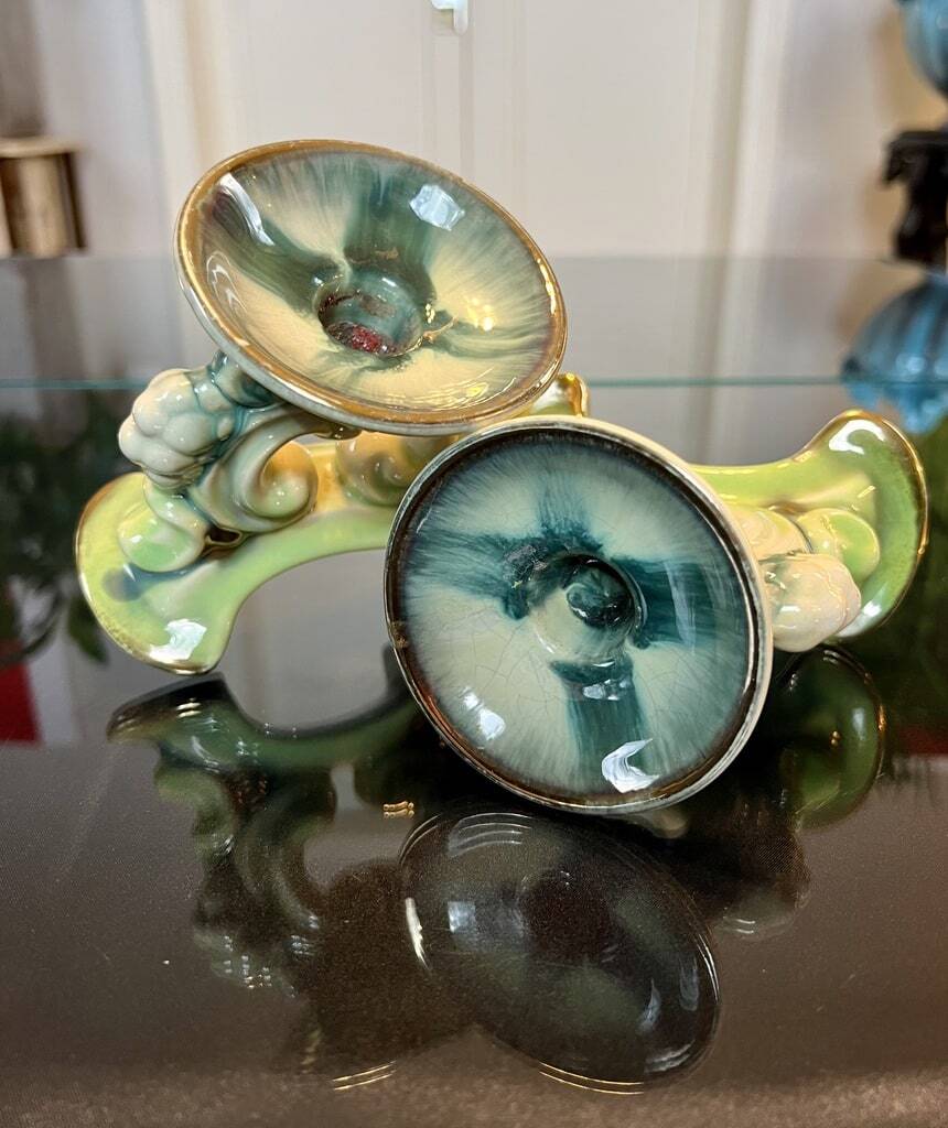 Paire de bougeoirs vintage - faïence céramique verte et bleue - bougies décoration