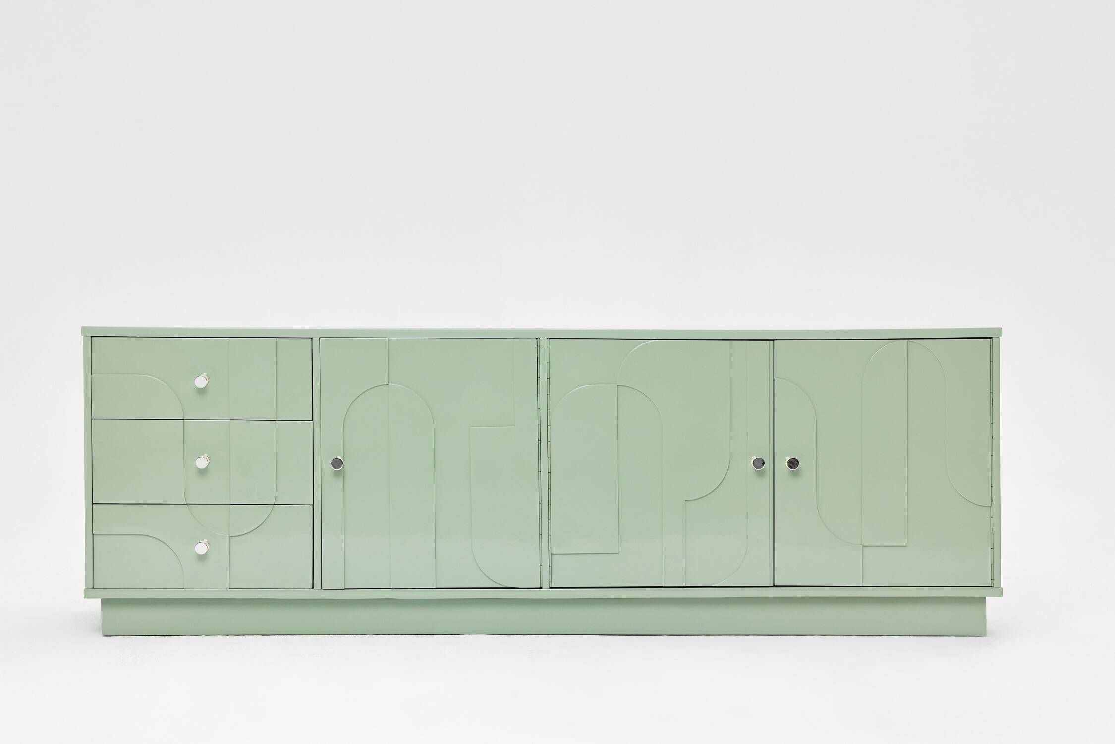 Buffet vintage des années 1970, vert pastel, relief, finition brillante, chrome