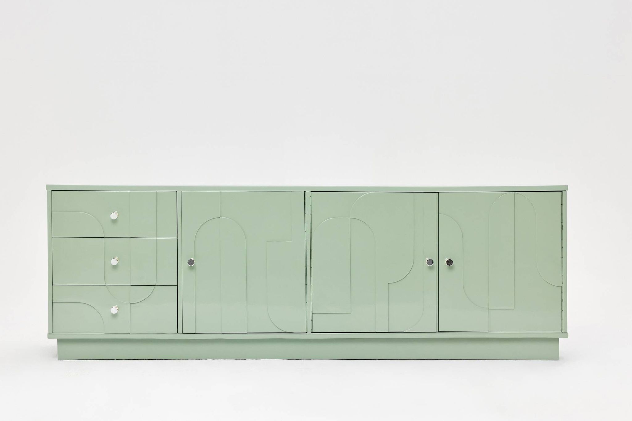 1970s Vintage Sideboard, Pastel Green, Relief, High-Gloss Finish, Chrome