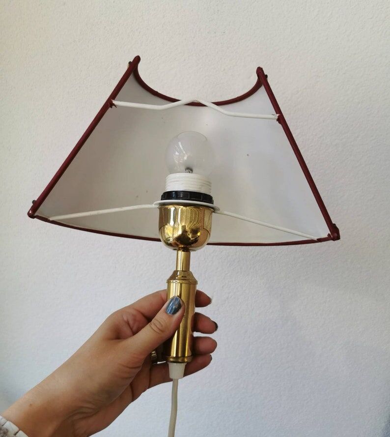 Vintage brass wall lamp with fabric lampshade, 80s