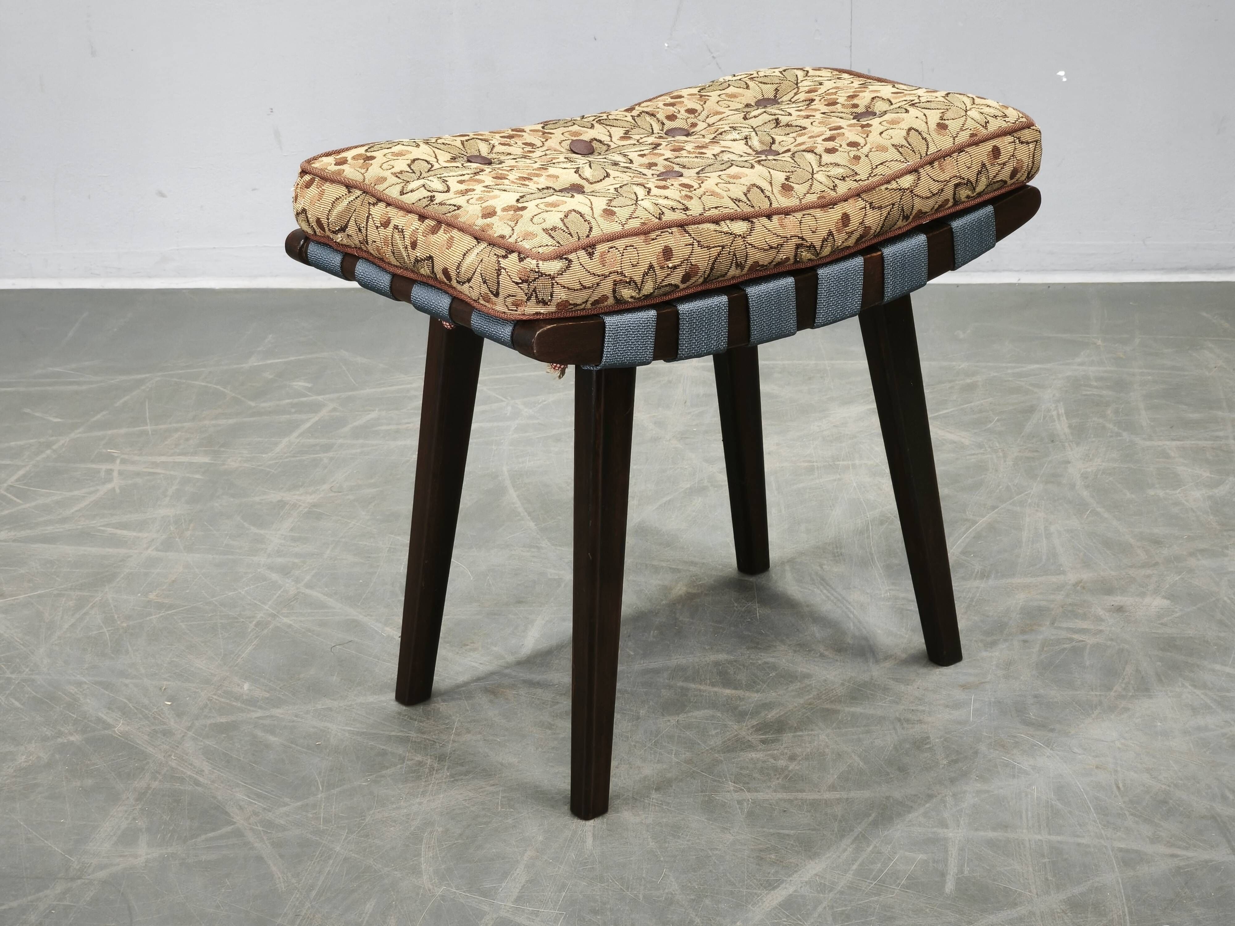 TON Mid-Century Beech Stool with Original Cushion, Czechoslovakia, circa 19