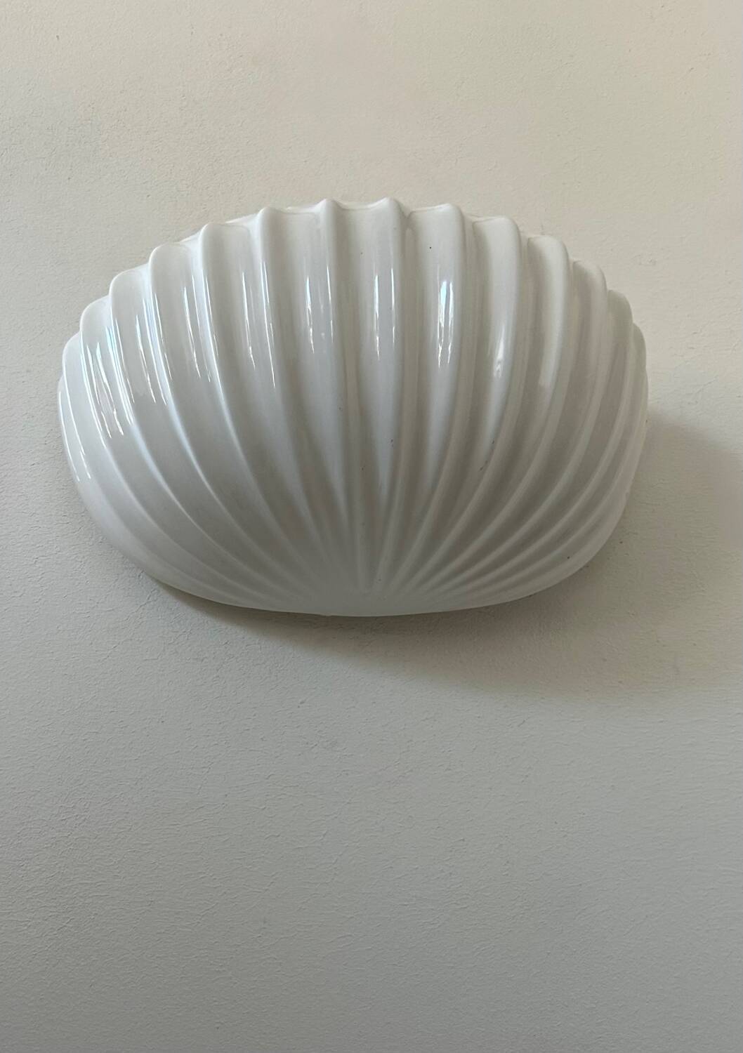 Vintage white earthenware wall lamp, shell, France 1970