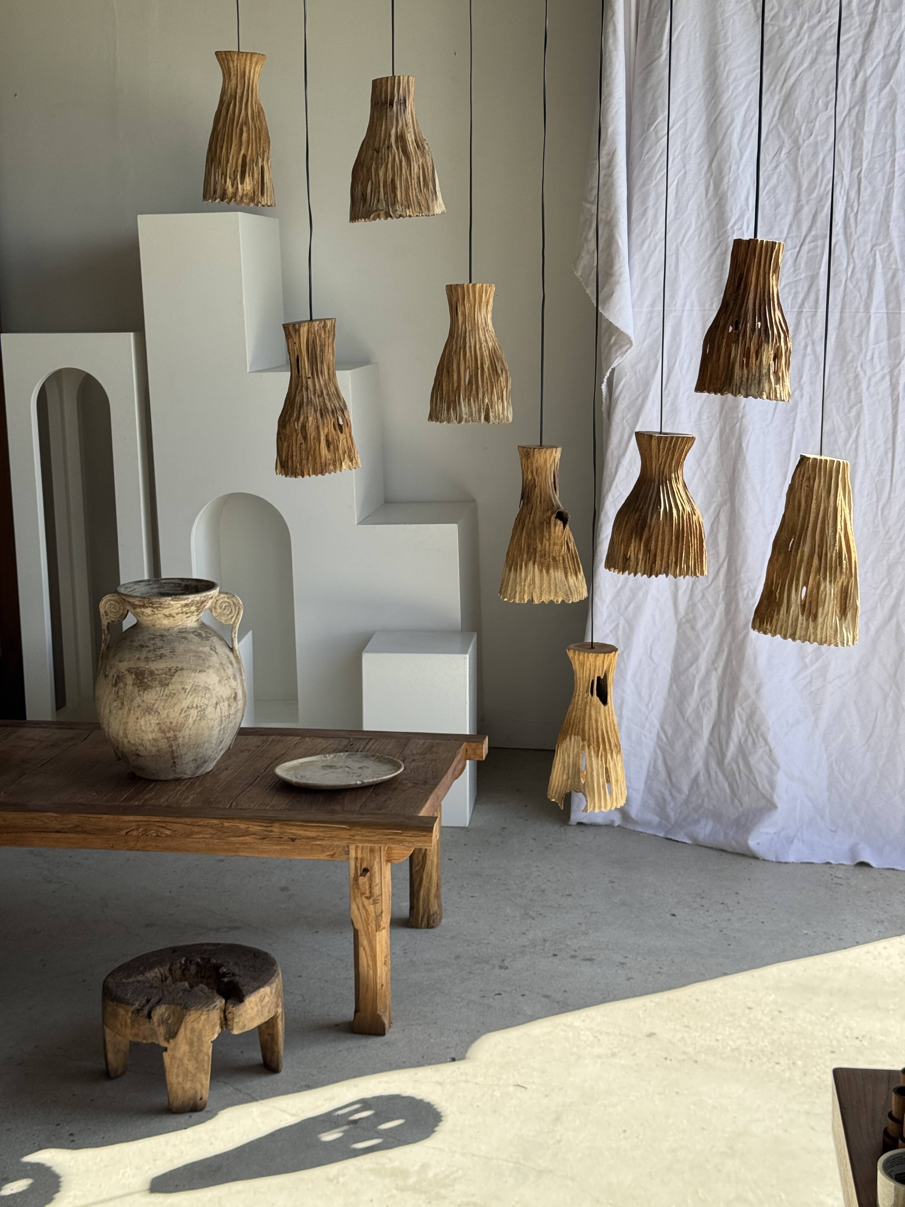 Suspension or lampshade in natural organic teak, tubular, H30 D22.