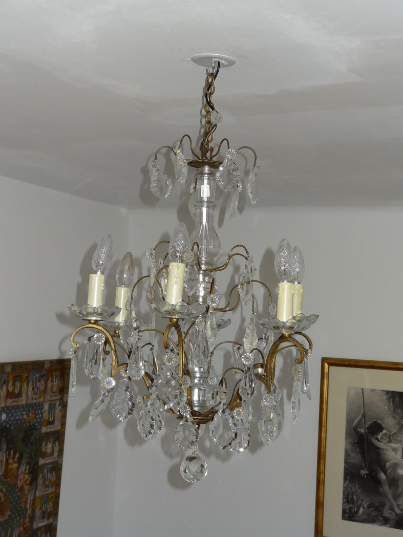 Bronze and crystal chandelier with six arms of light
