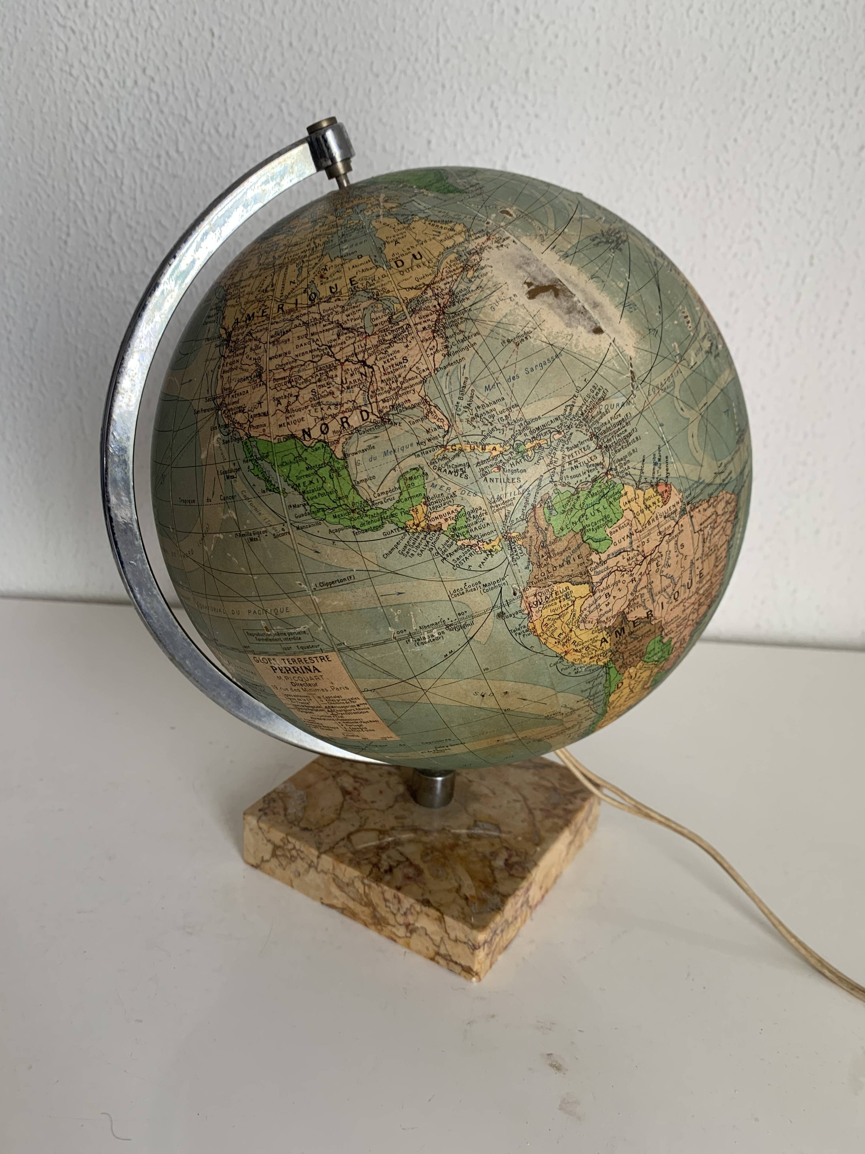 Vintage 1960 terrestrial globe glass Perrina marble world map - 28 cm