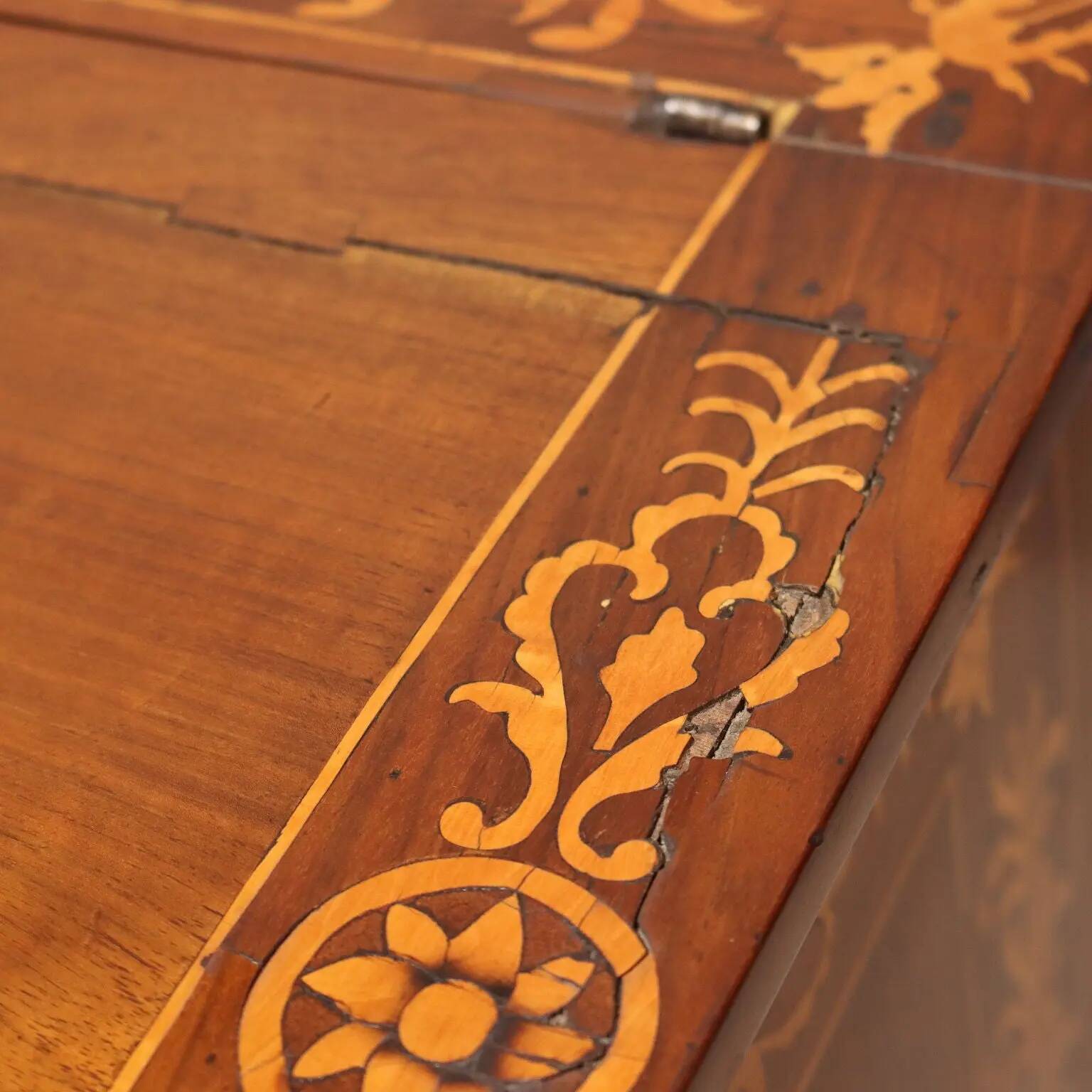 Antique walnut bedside table with maple inlays, converted into a bar cabinet, 19th century.